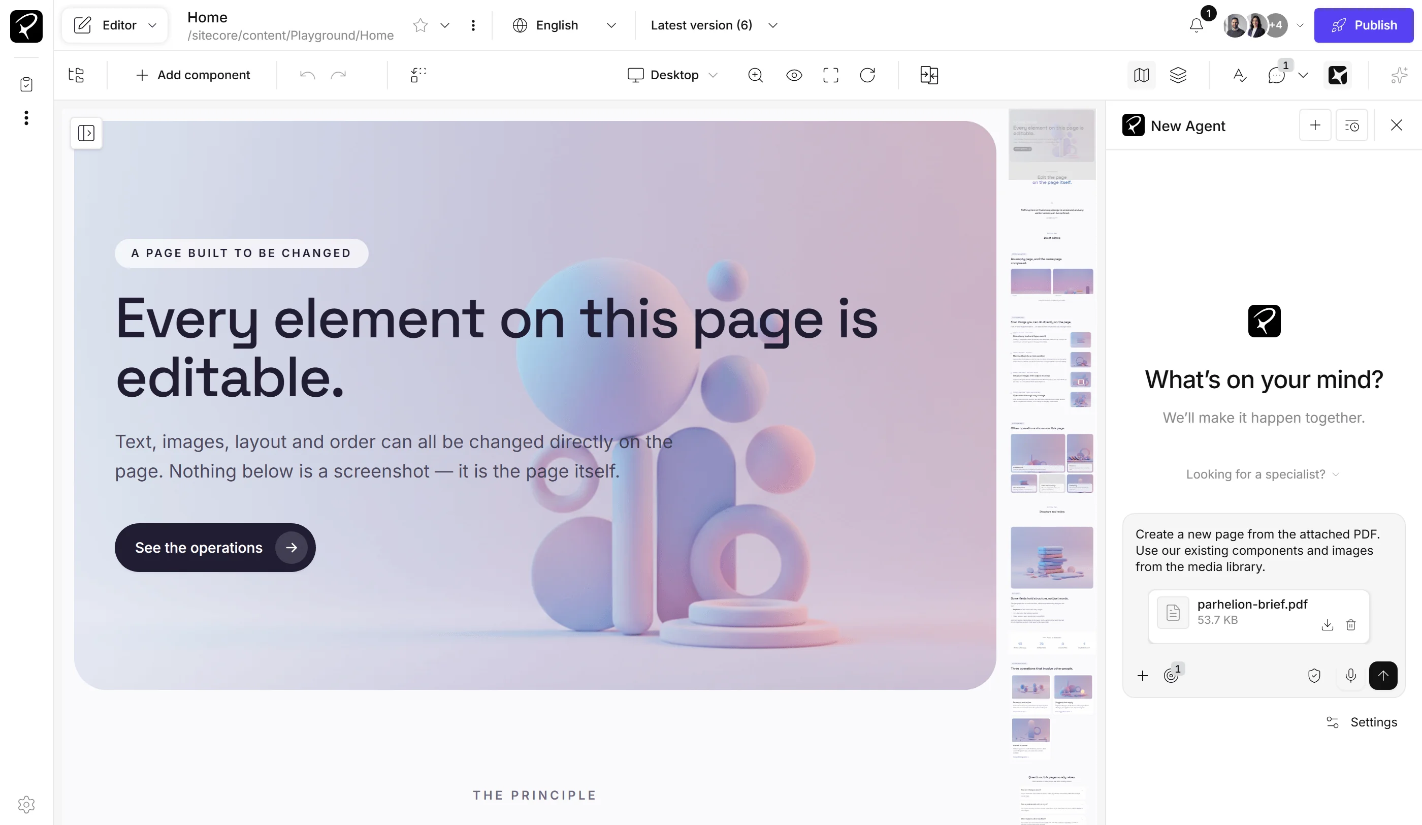 The Parhelia editor: the page canvas and minimap beside the agent panel, where a PDF briefing is attached to a request to create a page from it